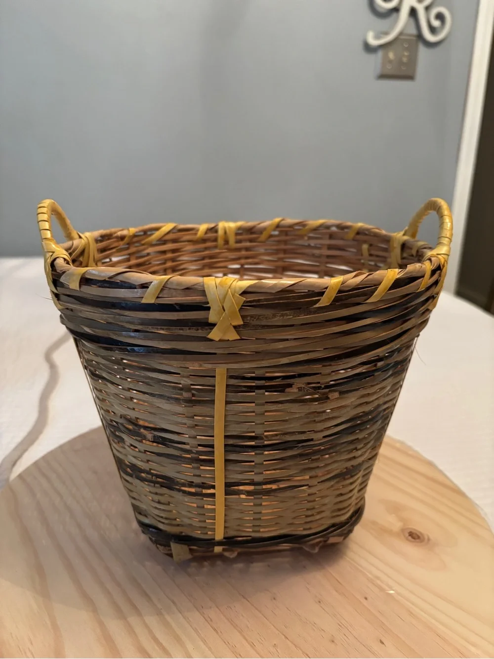 Vintage Bamboo Woven Basket with Handles Square Base Round Top Asian Boho